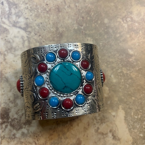 2 chunky southwest faux turquoise pose coral silver cuffs - Picture 2 of 9